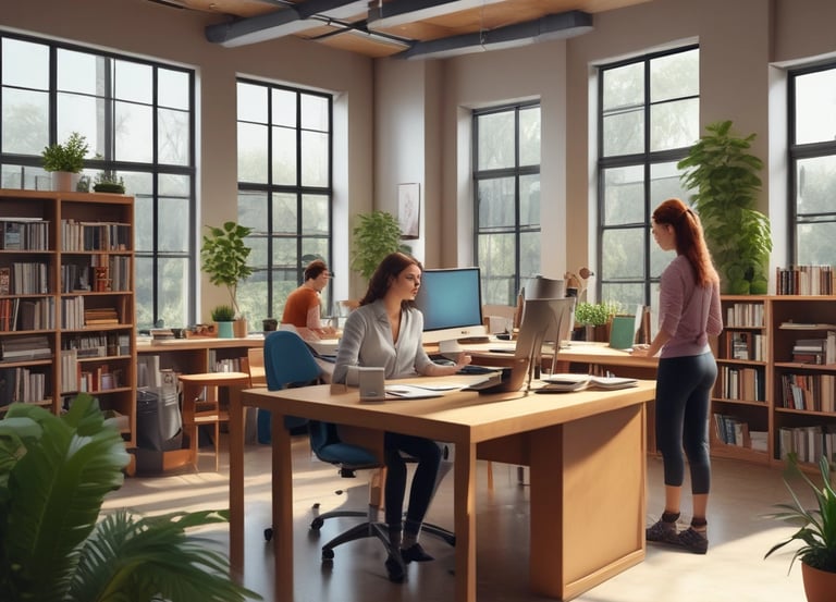 Modern office workspace with digital automation icons floating around.