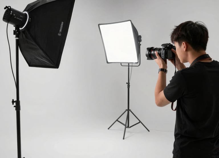 A bright, modern room with luxurious lighting and professional photography equipment.