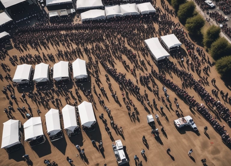 A drone hovering above a crowded outdoor festival, capturing live aerial footage.