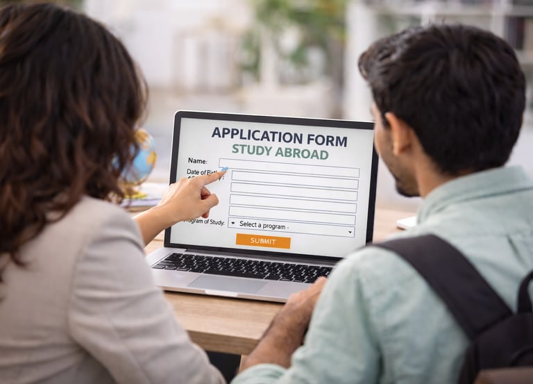 a study abroad counsellor helping student with  study abroad application form