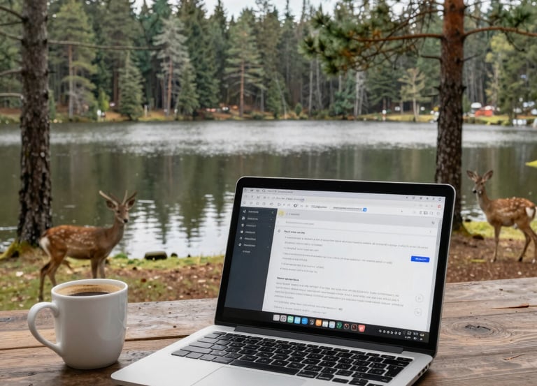 A cozy Northwoods office desk with a laptop, HR documents, and a warm mug of coffee.