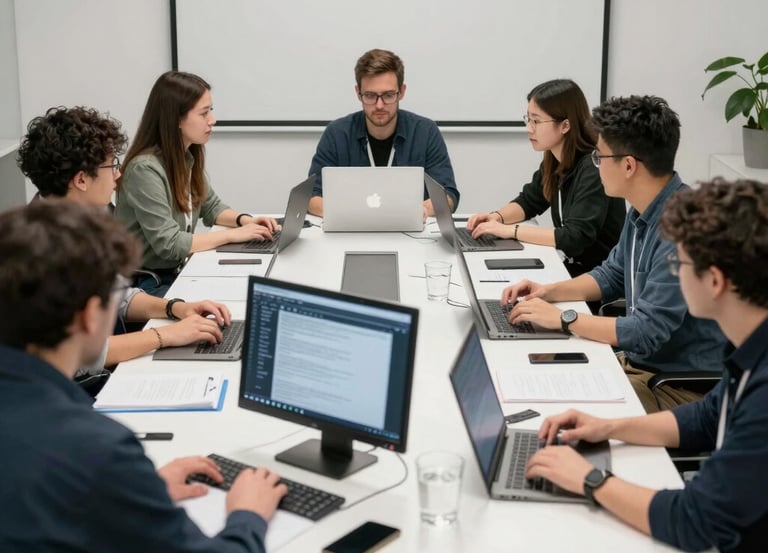 A vibrant office scene showing diverse professionals collaborating around a table.