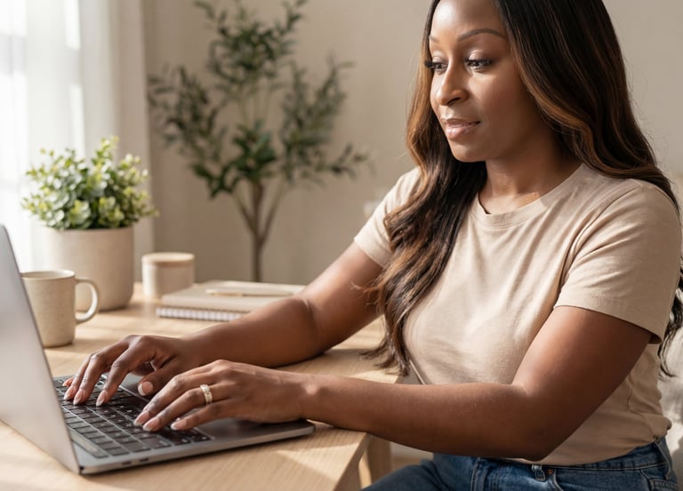Woman using laptop to create digital products and build stable income beyond beauty services