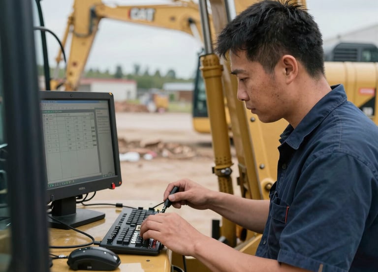 Technician performing equipment diagnostics at a construction site with black and yellow Caterpillar-themed background.