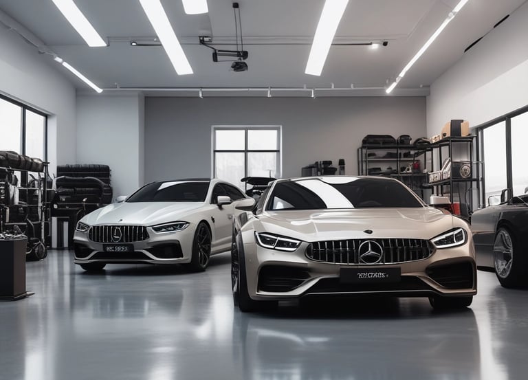 A sleek black luxury car parked in front of a modern Los Angeles skyline at sunset.