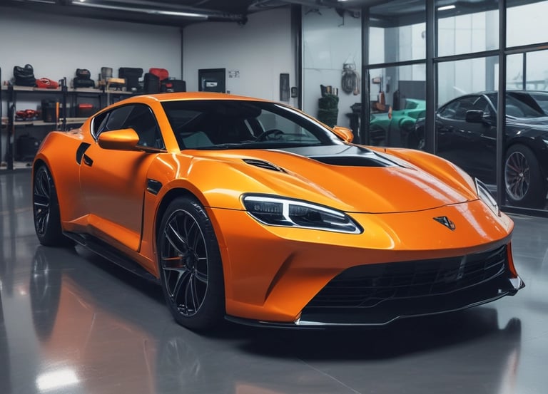 A sleek black luxury car with subtle gold accents parked in a modern urban setting at dusk.