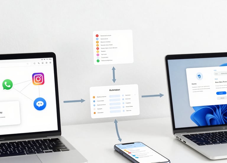 A clean horizontal infographic showing three numbered steps with simple icons representing connection, configuration, and automation.