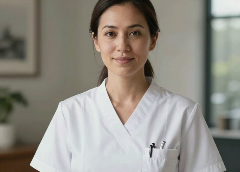 A professional and compassionate portrait of a female nurse practitioner in the Pacific Northwest, looking warmly towards the camera in a modern residential setting.