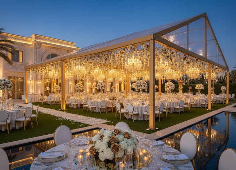Luxury outdoor wedding reception under a clear marquee with gold chandeliers and elegant floral centerpieces.