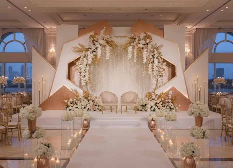 Elegant indoor wedding stage with floral arch, gold accents, and white orchid arrangements.