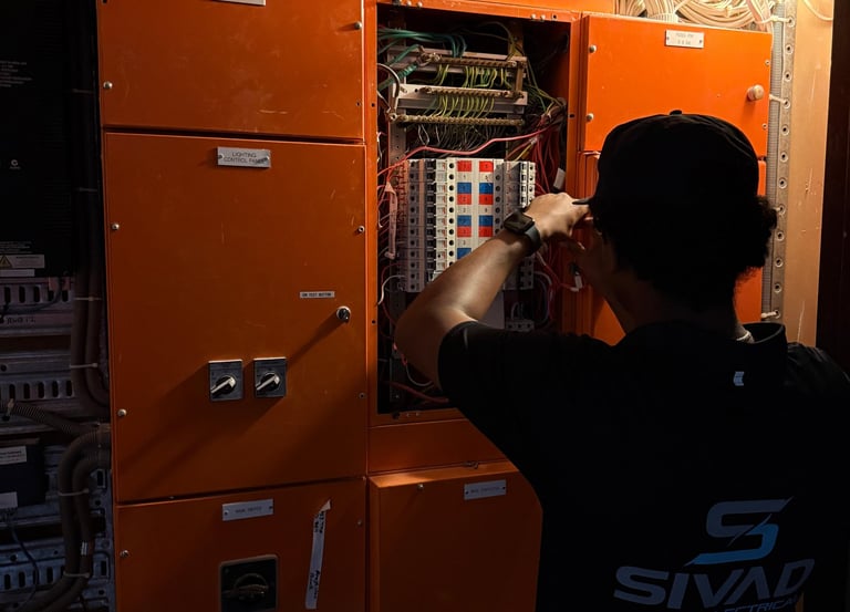 Professional electrician inspecting an orange industrial circuit breaker panel and electrical wiring.
