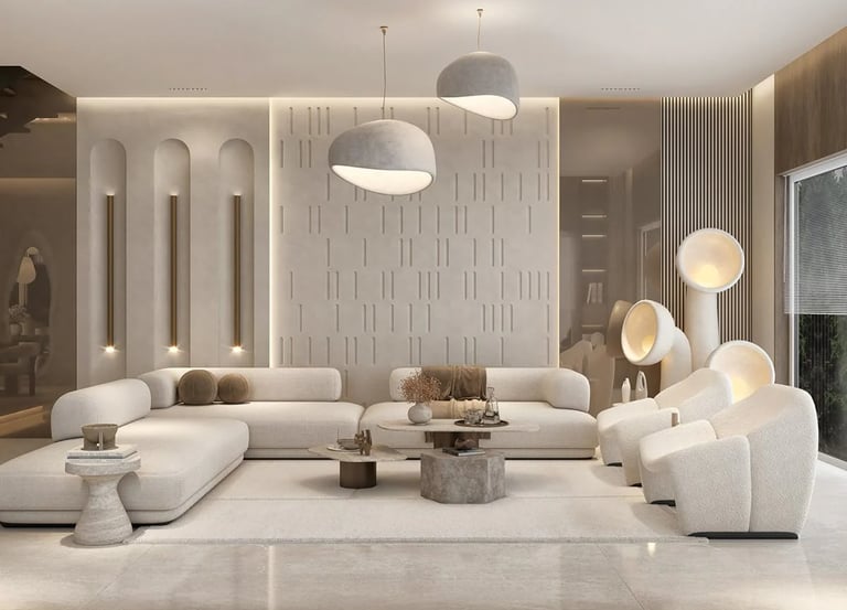 Luxury modern living room with cream curved sofas, minimalist textured walls, and elegant pendant lighting.