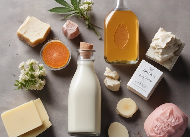 Minimalist white background with organic skincare products and green leaves arranged elegantly.