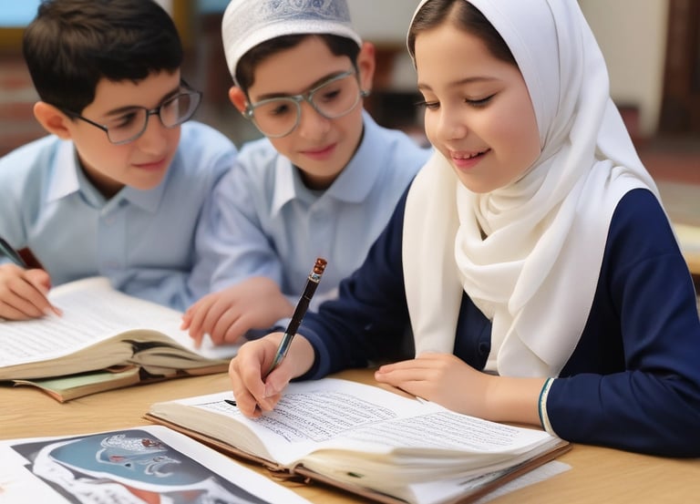 A warm, inviting online classroom scene with a teacher and diverse students engaged in Quran study.