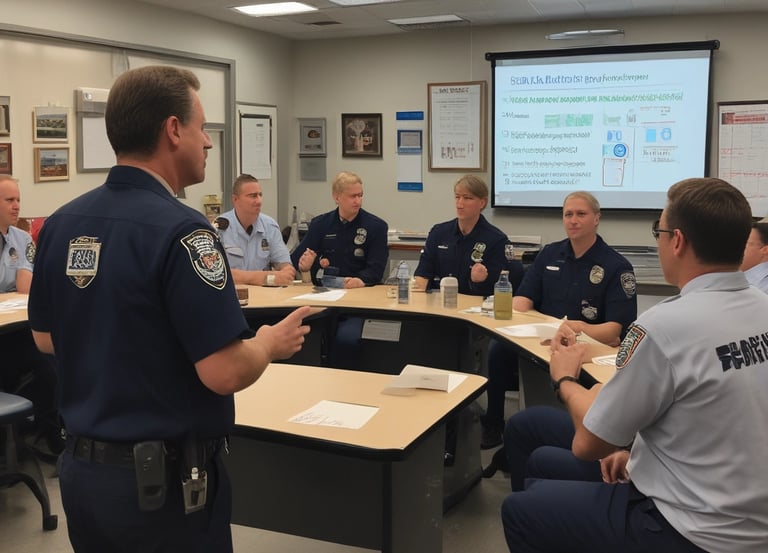 An EMS leader reviewing operational plans with a team in a busy dispatch center.