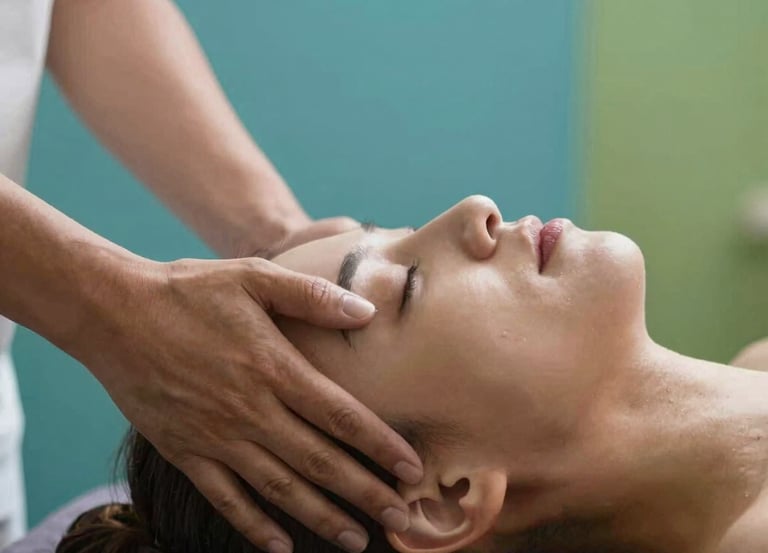 A calm setting showing a practitioner gently massaging a client's scalp and shoulders.