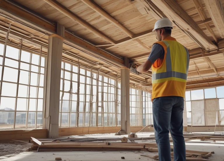 Construction workers installing electrical wiring on a commercial building site.