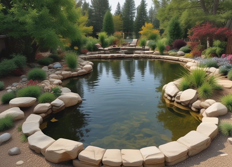 A serene artificial lake surrounded by lush greenery and smooth stone edges.