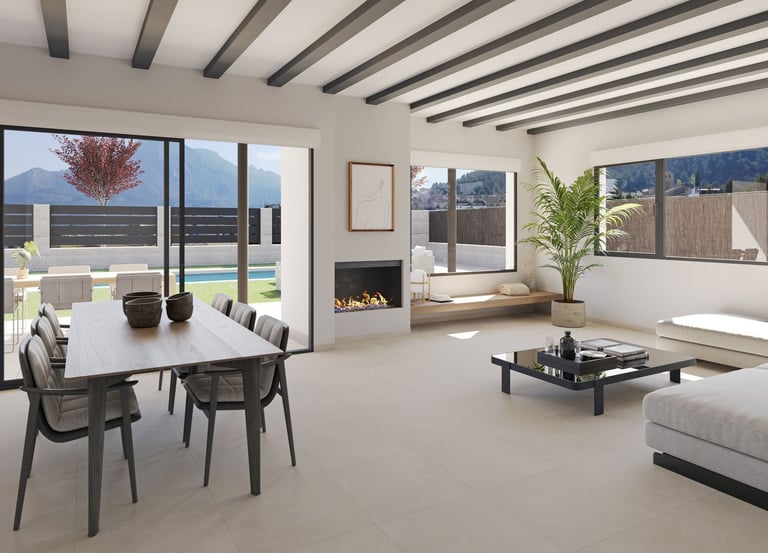Salon et salle à manger modernes en espace ouvert, avec cheminée, vue sur le patio et poutres appare