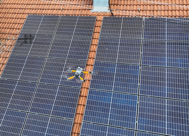 A thermal imaging drone performing an aerial maintenance inspection of residential solar panels on a tile roof.