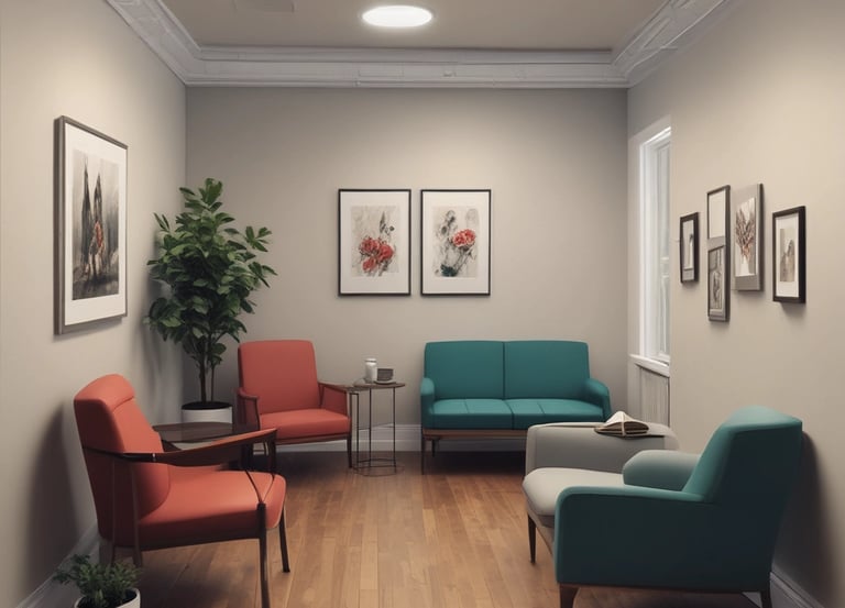 Modern waiting room with colorful mid-century furniture, hardwood floors, and framed wall art.