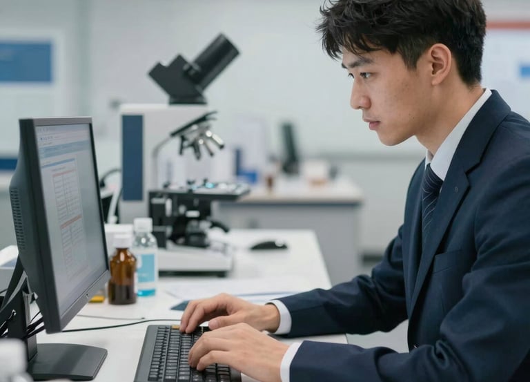 A focused analyst working on a laptop surrounded by colorful data charts and graphs.