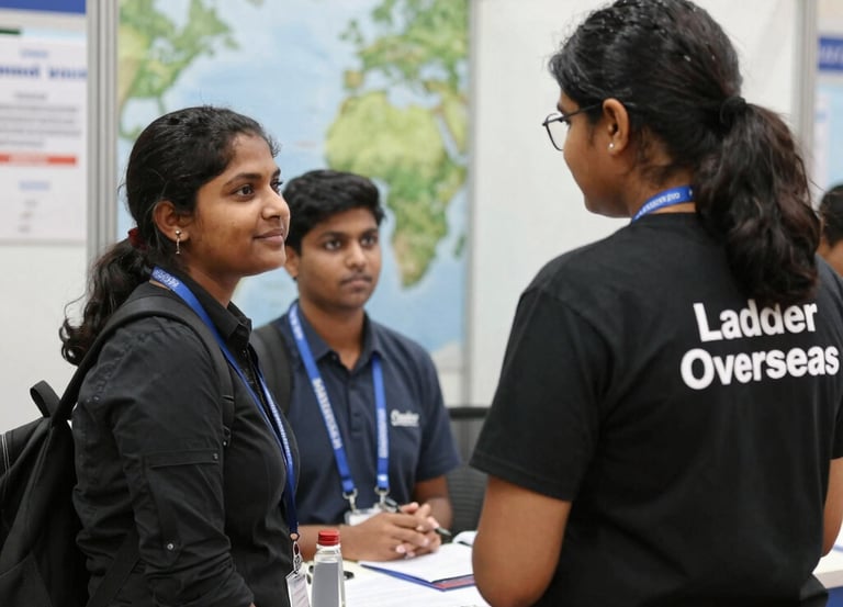 A confident Indian student consulting with a friendly advisor in a modern office setting.