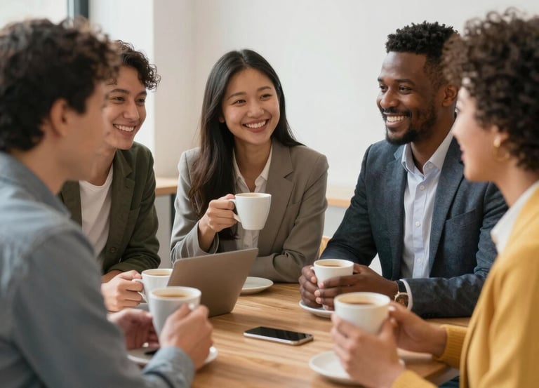 A welcoming group of diverse people gathered around a table, engaged in lively discussion.