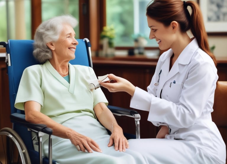 A compassionate nurse assisting an elderly patient with medication at home.