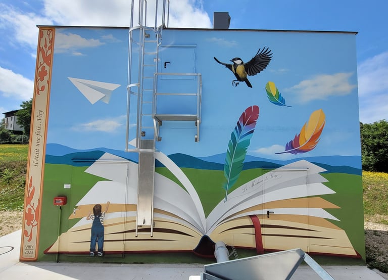 Fresque sur façade ext., plume écrivant sur un livre ouvert, un enfant et oiseau sur paysage épuré.