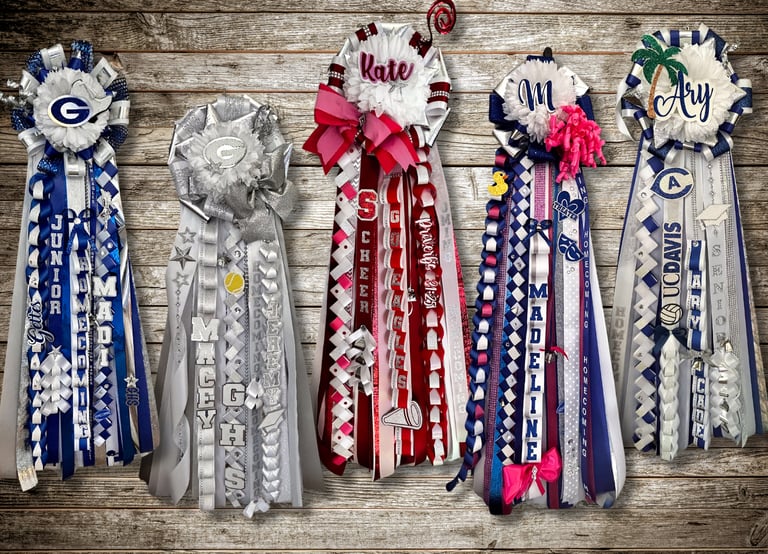 a wall of Homecoming mums of different colors for different high schools