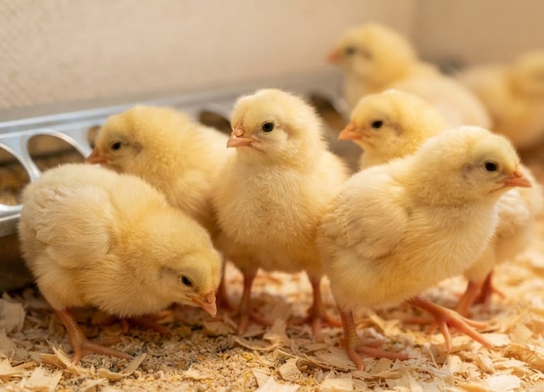 Close-up of several healthy, active day-old yellow chicks in a clean, brightly lit modern poultry farm, shallow depth of field, warm tones, natural daylight.