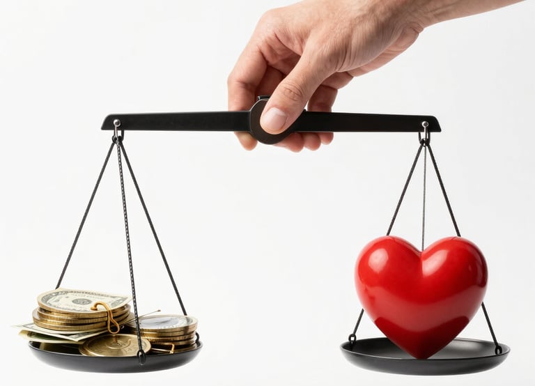 Mano con balanza equilibrada entre dinero y sentimientos en forma de corazón