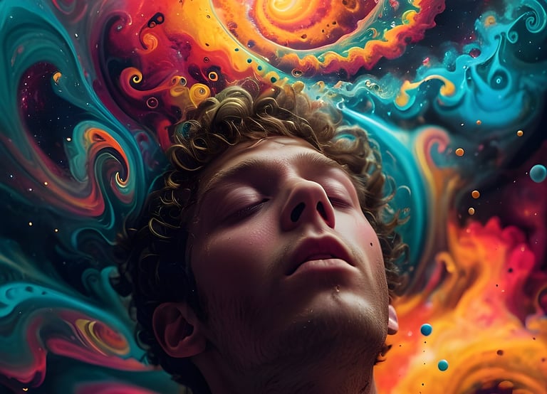 blissful man surrounded by colorful swirling sky 