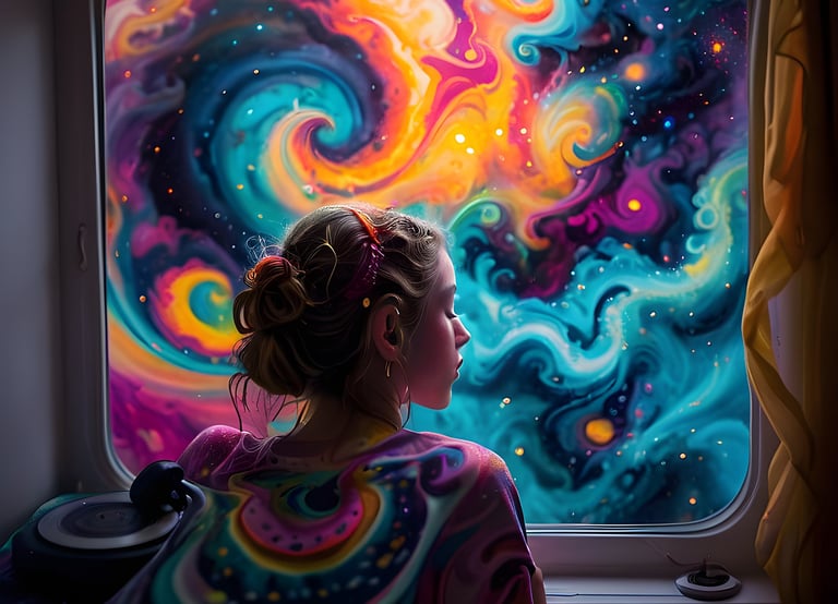 peaceful girl looking out of window at swirling colorful sky