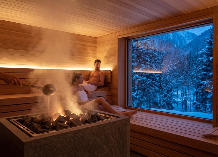 Couple relaxing in a modern wood sauna with steam and a large window overlooking a snowy winter forest.