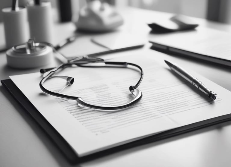 A clean, minimalist workspace with a stethoscope, a laptop displaying financial charts, and a navy blue and gold color scheme.