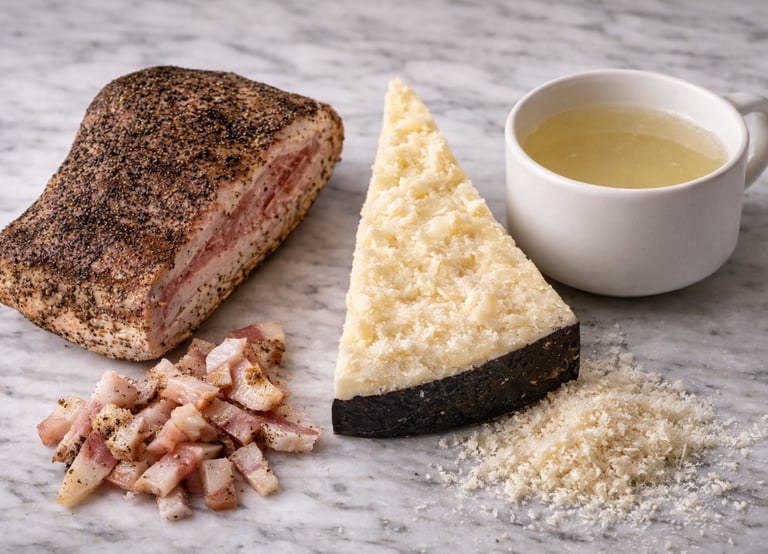 Italian guanciale, pecorino romano cheese, and pasta water for authentic carbonara recipe.