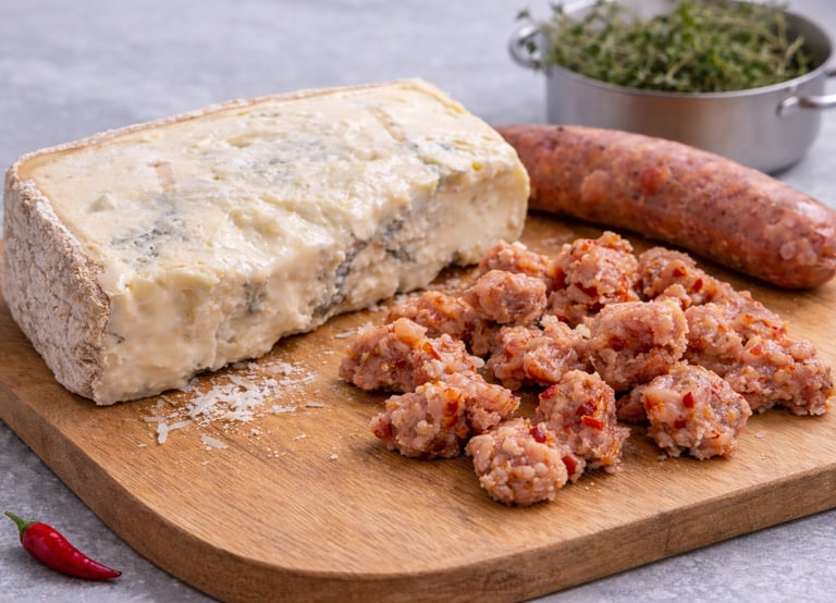 Gorgonzola cheese block with crumbled Italian salsiccia sausage on a wooden board.