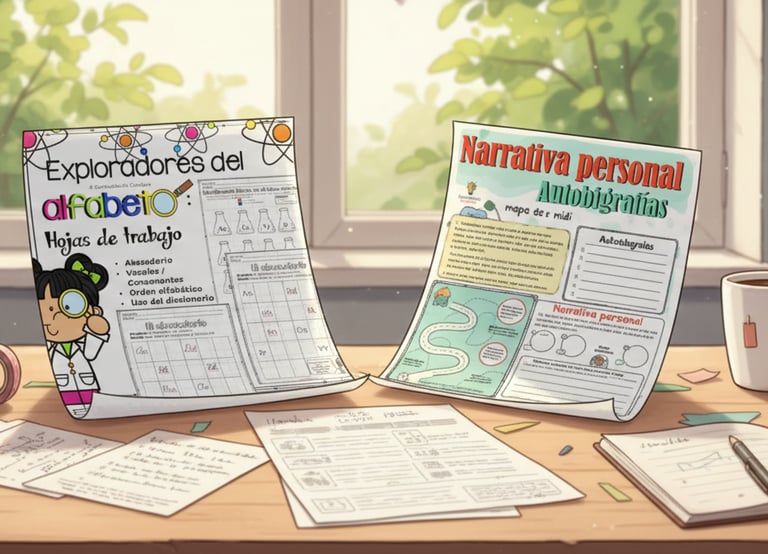 Recursos educativos de alfabetización y narrativa personal en un escritorio creativo con materiales 