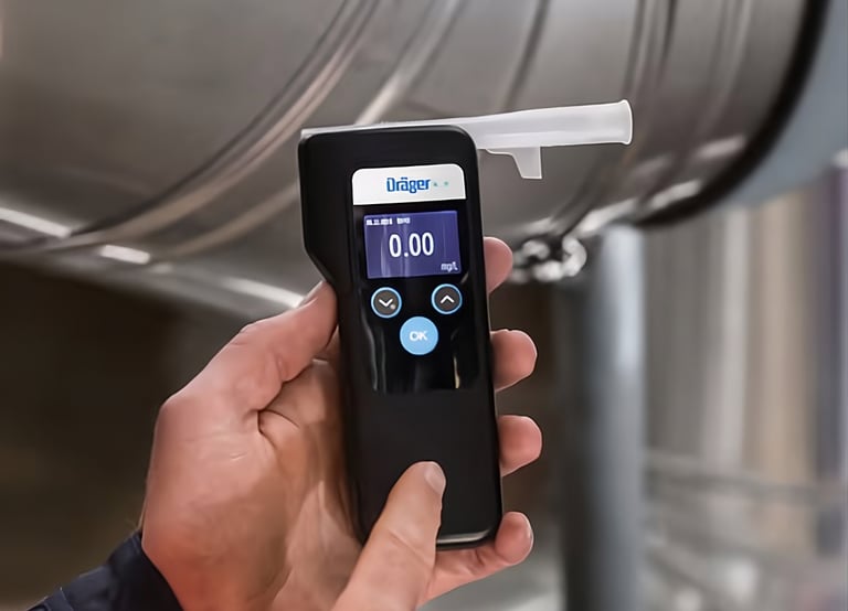 Alcoholímetro digital para empresas mostrando lectura en pantalla, modelo usado en control laboral