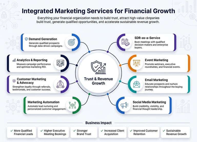 Infographic outlining integrated marketing services for financial growth including demand generation and marketing