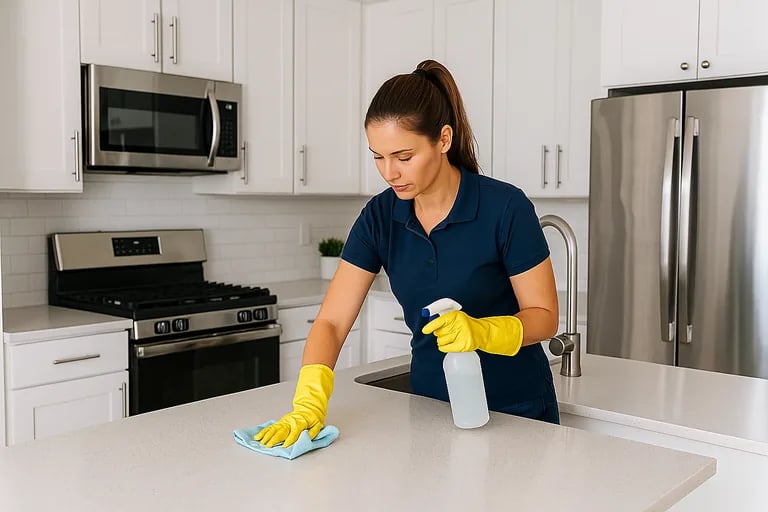  cleaning professional wiping a modern kitchen counter 