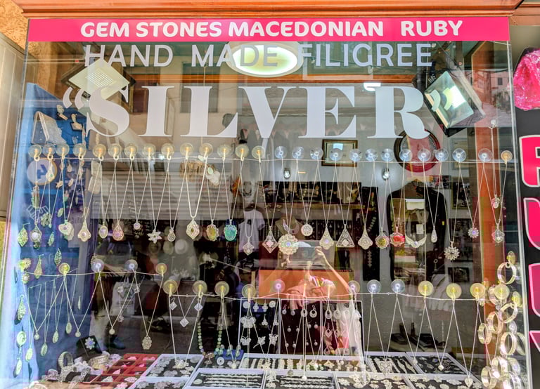 Jewelry in a display windowTako Mako Handmade Silver Jewelry in Skopje North Macedonia 