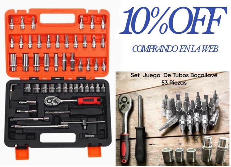 Set de herramientas de 53 piezas con juego de tubos bocallave y trinquete en maletín naranja.