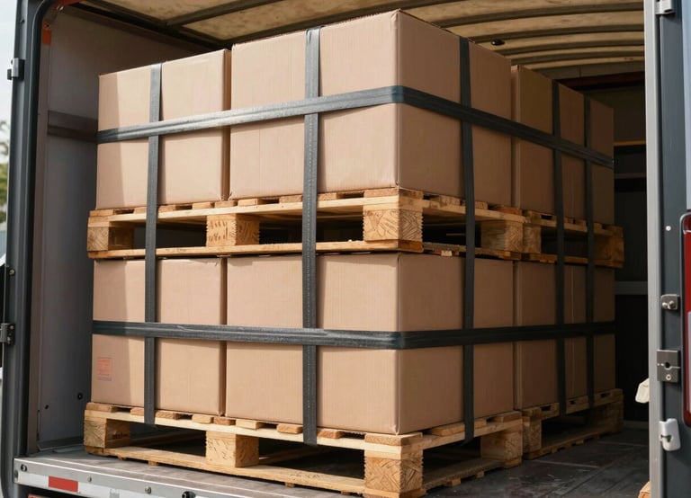 Close-up of neatly stacked cardboard packaging pallets loaded inside a clean, dry canopy lorry bed, secure industrial cargo straps tightly fastened, natural daylight.