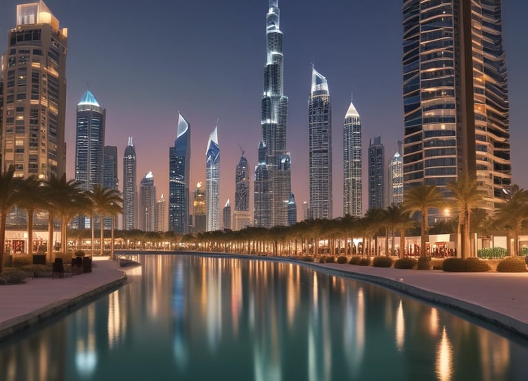 A city skyline blending USA and UAE architecture under a clear sky.
