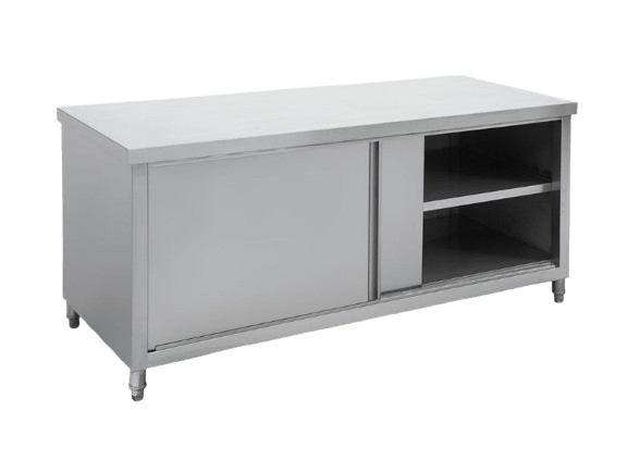 Fully enclosed storage cabinet made from heavy duty stainless steel with smooth sliding doors and adjustable shelving.