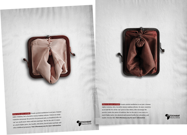 Twee posters van portemonnees in huidskleuren