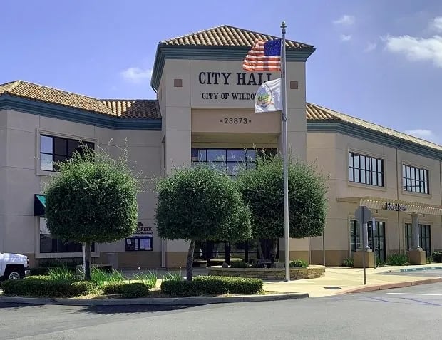 Front view of the City of Wildomar city hall building and American Flag.